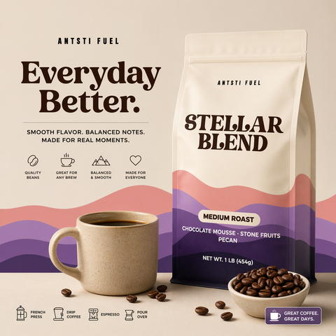 Antsti Fuel Stellar Blend Coffee Beans, Medium Roast, Whole Bean, 1 lb