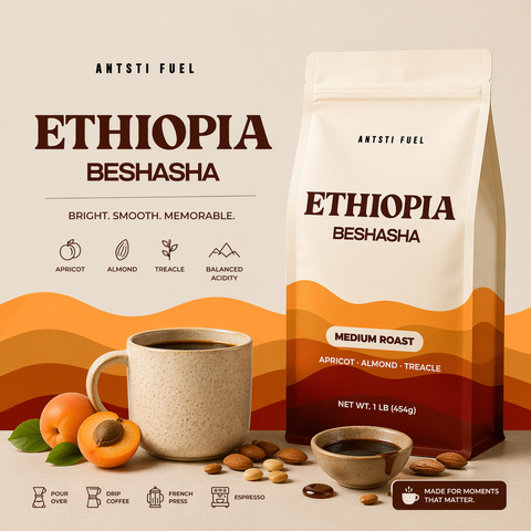 Antsti Fuel Ethiopia Beshasha Washed Coffee Beans, Medium Roast, Whole Bean, 1 lb