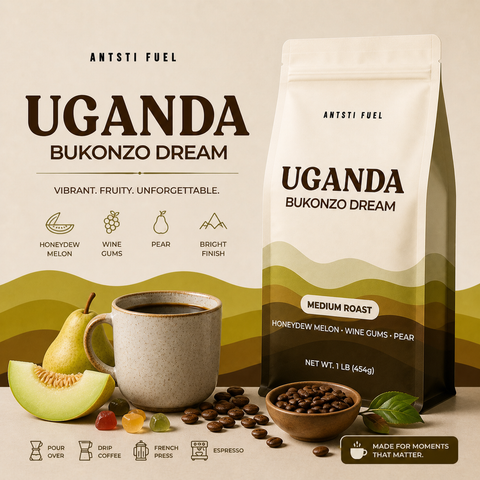 Antsti Fuel Uganda Bukonzo Dream Natural Coffee Beans, Medium Roast, Whole Bean, 1 lb