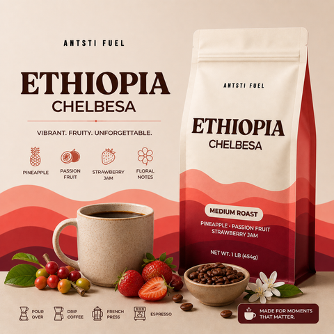 Antsti Fuel Ethiopia Chelbesa Natural Coffee Beans, Medium Roast, Whole Bean, 1 lb