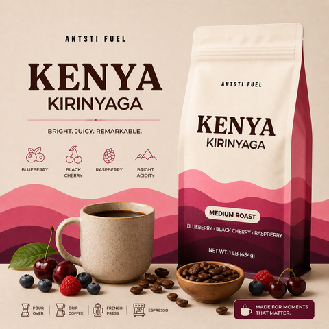 Antsti Fuel Kenya Washed Coffee Beans, Medium Roast, Whole Bean, 1 lb