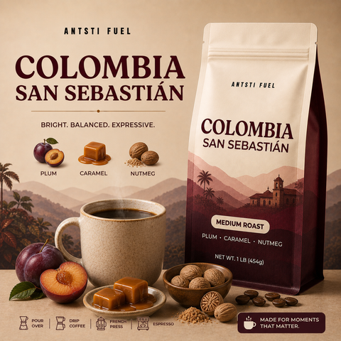 Antsti Fuel Colombia San Sebastián Washed Coffee Beans, Medium Roast, Whole Bean, 1 lb