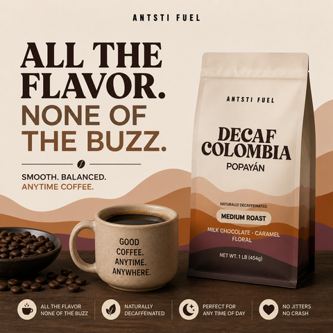 Antsti Fuel Decaf Colombia Popayán Coffee Beans, Medium Roast, Whole Bean, 1 lb