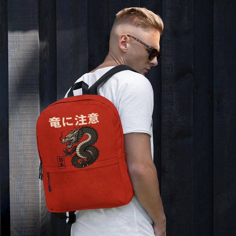 Beware the Dragon Backpack – Vintage Japanese Style, Red & Black Dragon Print, Water-Resistant Laptop Bag, Streetwear Daypack
