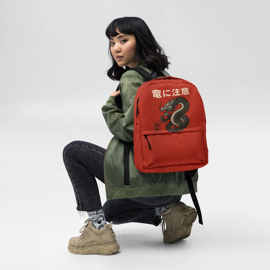 Beware the Dragon Backpack – Vintage Japanese Style, Red & Black Dragon Print, Water-Resistant Laptop Bag, Streetwear Daypack