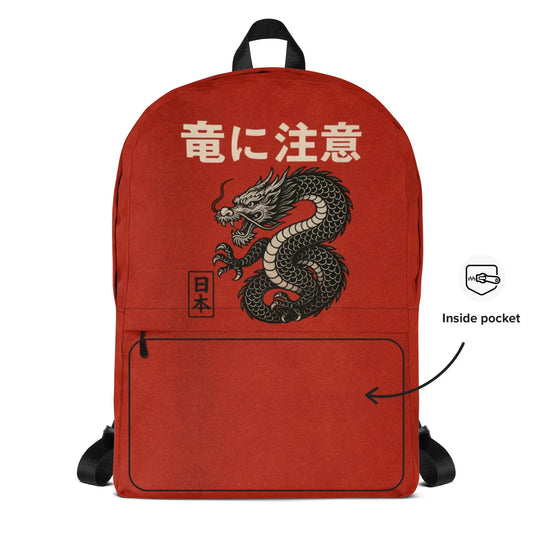 Beware the Dragon Backpack – Vintage Japanese Style, Red & Black Dragon Print, Water-Resistant Laptop Bag, Streetwear Daypack