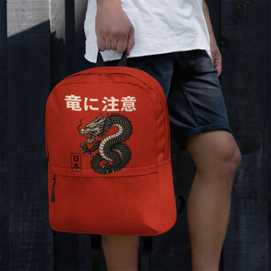 Beware the Dragon Backpack – Vintage Japanese Style, Red & Black Dragon Print, Water-Resistant Laptop Bag, Streetwear Daypack
