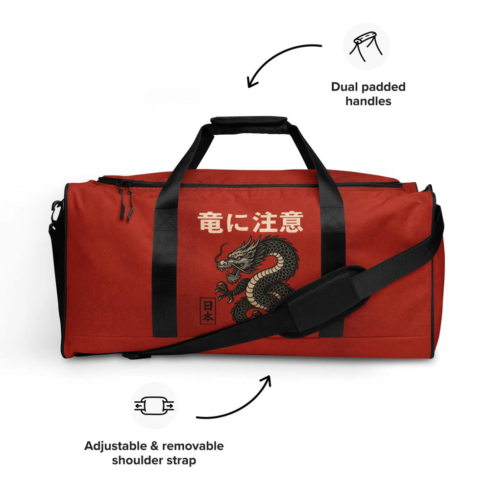 Beware the Dragon Duffle Bag – Vintage-Inspired Red and Black, Travel, Gym & Sports Bag