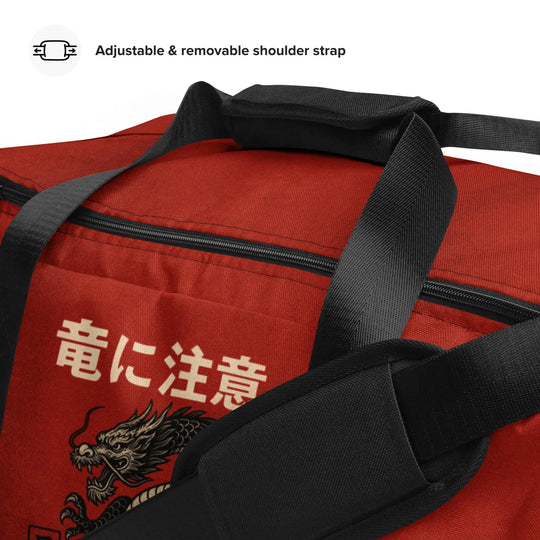 Beware the Dragon Duffle Bag – Vintage-Inspired Red and Black, Travel, Gym & Sports Bag