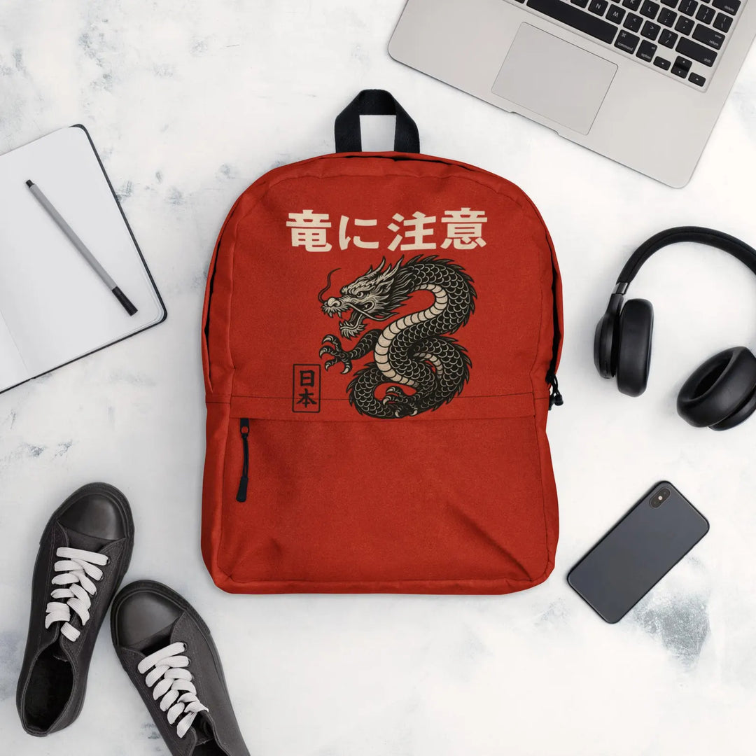Beware the Dragon Backpack – Vintage Japanese Style, Red & Black Dragon Print, Water-Resistant Laptop Bag, Streetwear Daypack