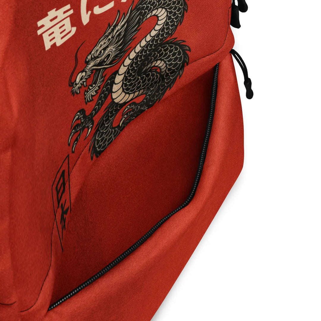 Beware the Dragon Backpack – Vintage Japanese Style, Red & Black Dragon Print, Water-Resistant Laptop Bag, Streetwear Daypack