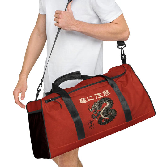 Beware the Dragon Duffle Bag – Vintage-Inspired Red and Black, Travel, Gym & Sports Bag
