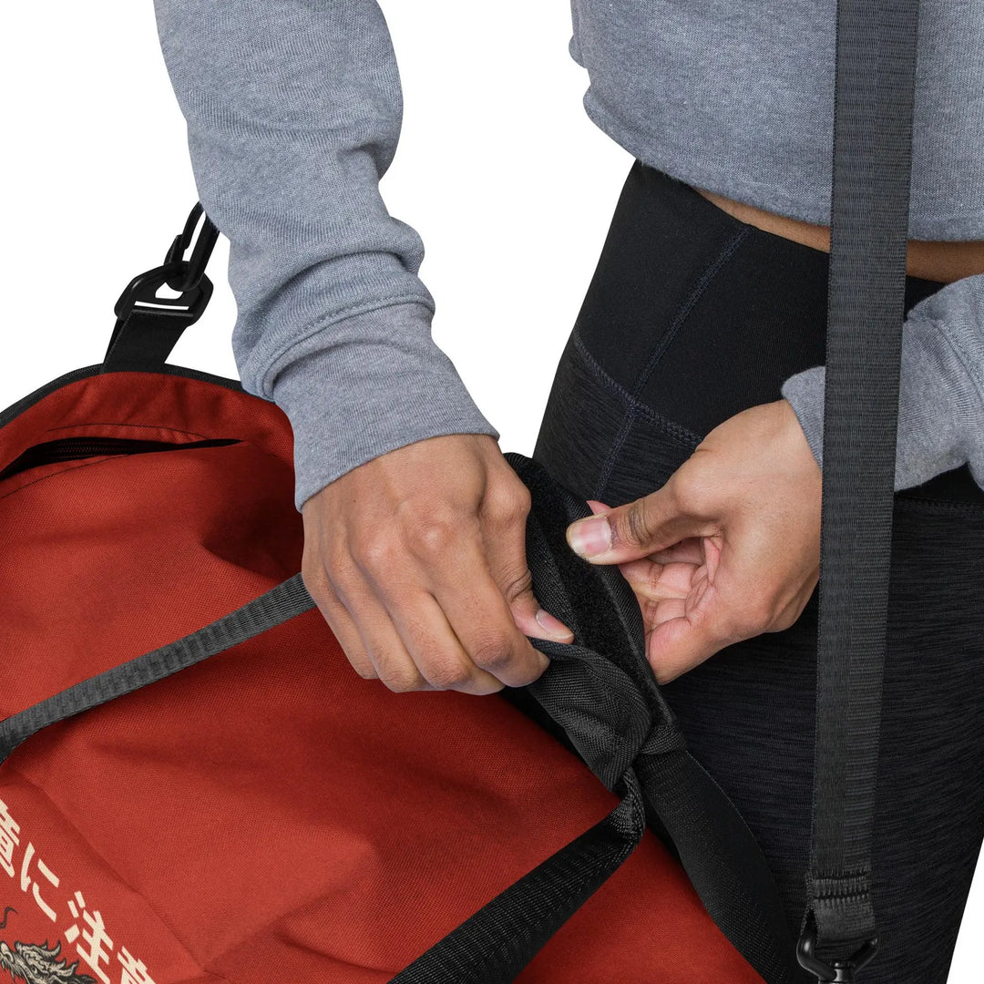Beware the Dragon Duffle Bag – Vintage-Inspired Red and Black, Travel, Gym & Sports Bag