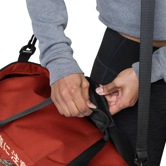 Beware the Dragon Duffle Bag – Vintage-Inspired Red and Black, Travel, Gym & Sports Bag