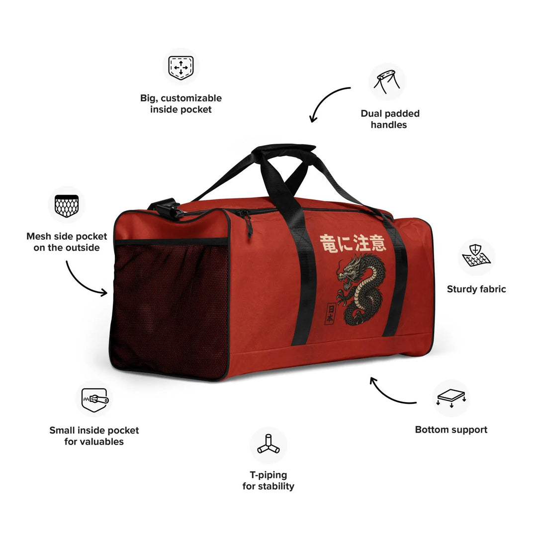 Beware the Dragon Duffle Bag – Vintage-Inspired Red and Black, Travel, Gym & Sports Bag