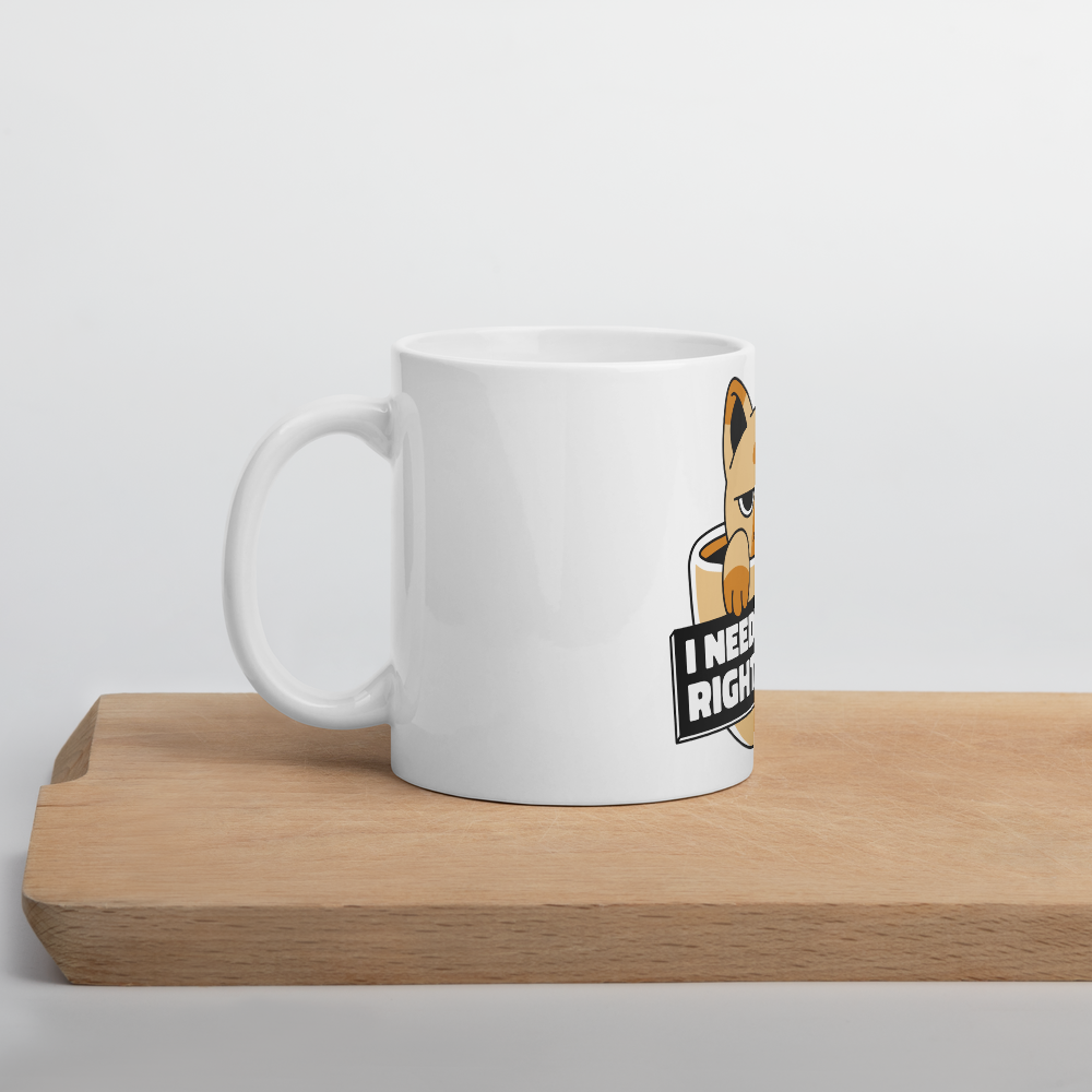 Funny Cat Coffee Mug – “I Need Coffee Right Meow” – Grumpy Cat White Glossy Mug – Cute Gift for Cat Lovers – 11oz/15oz/20oz