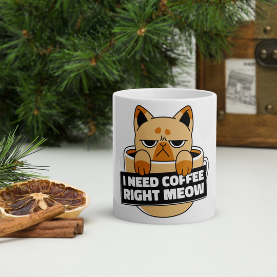 Funny Cat Coffee Mug – “I Need Coffee Right Meow” – Grumpy Cat White Glossy Mug – Cute Gift for Cat Lovers – 11oz/15oz/20oz