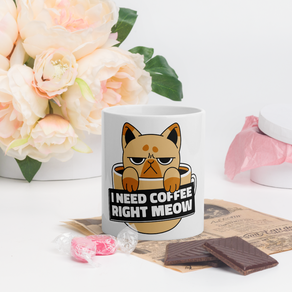Funny Cat Coffee Mug – “I Need Coffee Right Meow” – Grumpy Cat White Glossy Mug – Cute Gift for Cat Lovers – 11oz/15oz/20oz