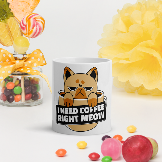 Funny Cat Coffee Mug – “I Need Coffee Right Meow” – Grumpy Cat White Glossy Mug – Cute Gift for Cat Lovers – 11oz/15oz/20oz