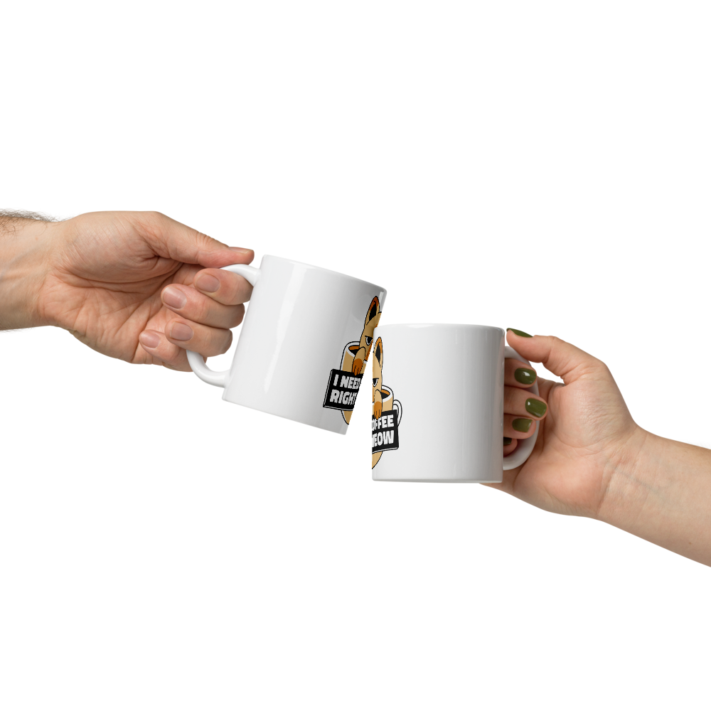 Funny Cat Coffee Mug – “I Need Coffee Right Meow” – Grumpy Cat White Glossy Mug – Cute Gift for Cat Lovers – 11oz/15oz/20oz