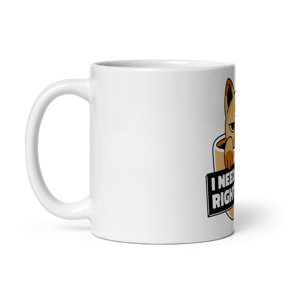 Funny Cat Coffee Mug – “I Need Coffee Right Meow” – Grumpy Cat White Glossy Mug – Cute Gift for Cat Lovers – 11oz/15oz/20oz