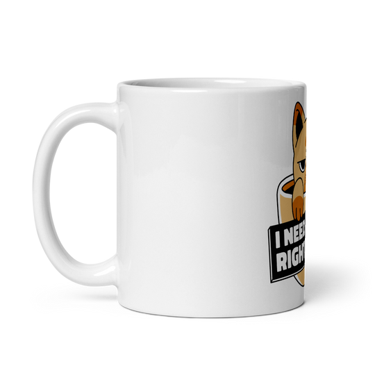 Funny Cat Coffee Mug – “I Need Coffee Right Meow” – Grumpy Cat White Glossy Mug – Cute Gift for Cat Lovers – 11oz/15oz/20oz