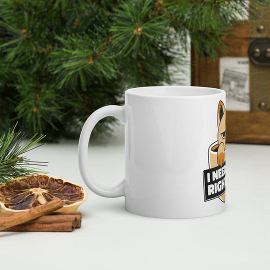 Funny Cat Coffee Mug – “I Need Coffee Right Meow” – Grumpy Cat White Glossy Mug – Cute Gift for Cat Lovers – 11oz/15oz/20oz