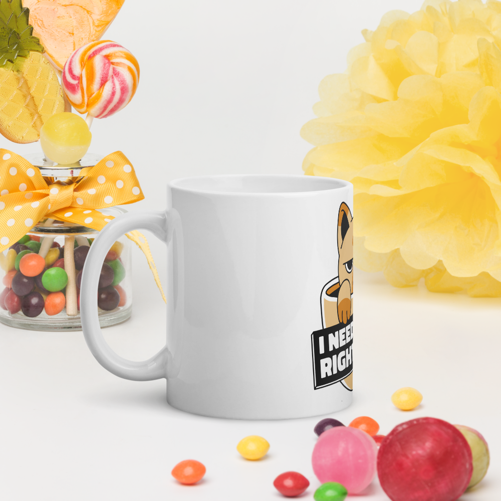 Funny Cat Coffee Mug – “I Need Coffee Right Meow” – Grumpy Cat White Glossy Mug – Cute Gift for Cat Lovers – 11oz/15oz/20oz