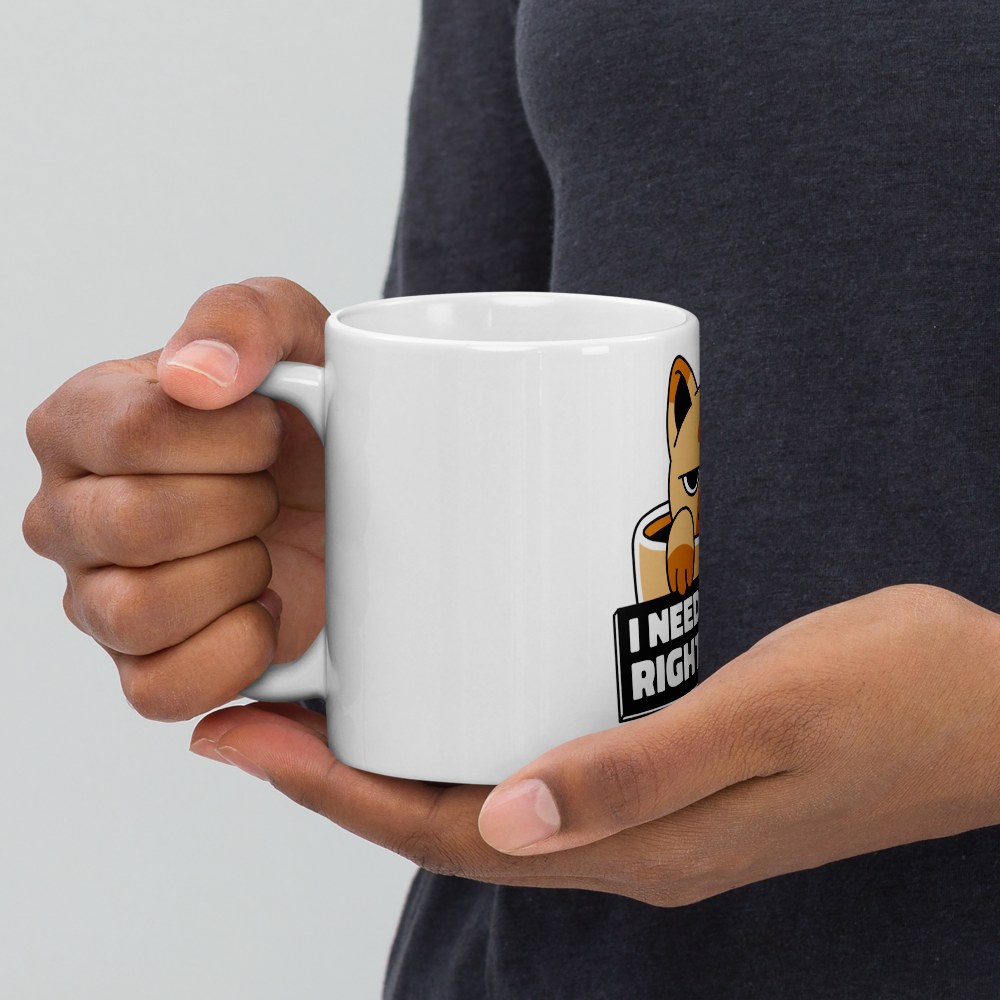 Funny Cat Coffee Mug – “I Need Coffee Right Meow” – Grumpy Cat White Glossy Mug – Cute Gift for Cat Lovers – 11oz/15oz/20oz