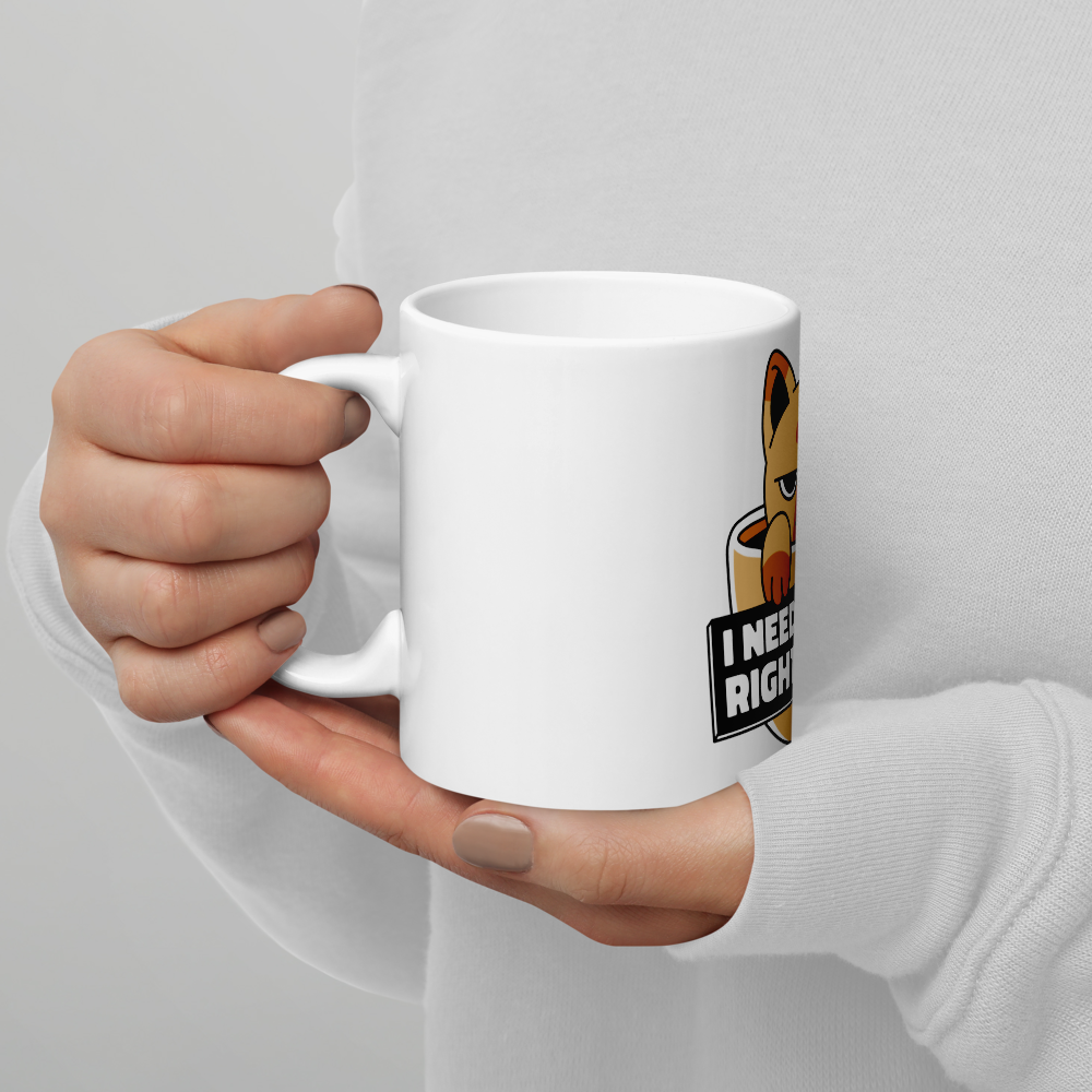 Funny Cat Coffee Mug – “I Need Coffee Right Meow” – Grumpy Cat White Glossy Mug – Cute Gift for Cat Lovers – 11oz/15oz/20oz