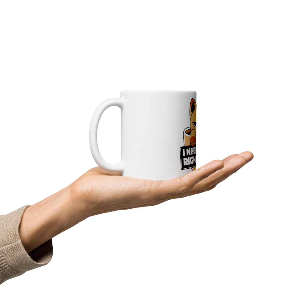 Funny Cat Coffee Mug – “I Need Coffee Right Meow” – Grumpy Cat White Glossy Mug – Cute Gift for Cat Lovers – 11oz/15oz/20oz