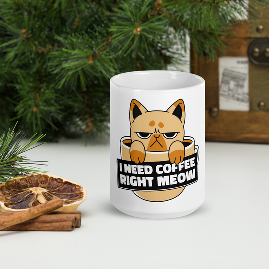 Funny Cat Coffee Mug – “I Need Coffee Right Meow” – Grumpy Cat White Glossy Mug – Cute Gift for Cat Lovers – 11oz/15oz/20oz