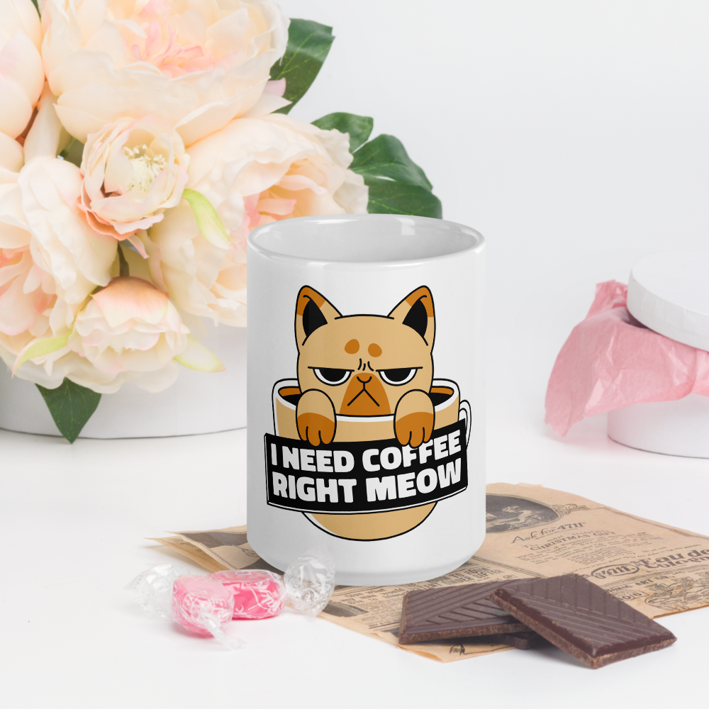 Funny Cat Coffee Mug – “I Need Coffee Right Meow” – Grumpy Cat White Glossy Mug – Cute Gift for Cat Lovers – 11oz/15oz/20oz