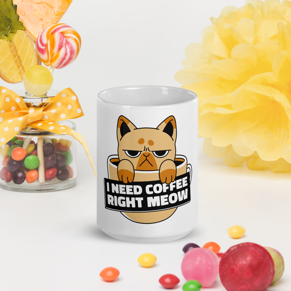 Funny Cat Coffee Mug – “I Need Coffee Right Meow” – Grumpy Cat White Glossy Mug – Cute Gift for Cat Lovers – 11oz/15oz/20oz