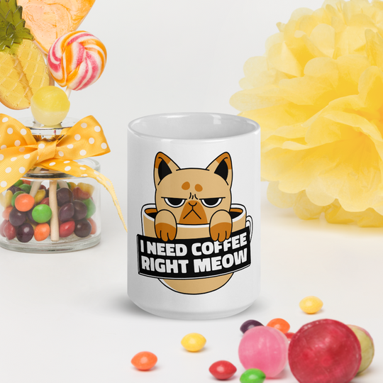 Funny Cat Coffee Mug – “I Need Coffee Right Meow” – Grumpy Cat White Glossy Mug – Cute Gift for Cat Lovers – 11oz/15oz/20oz