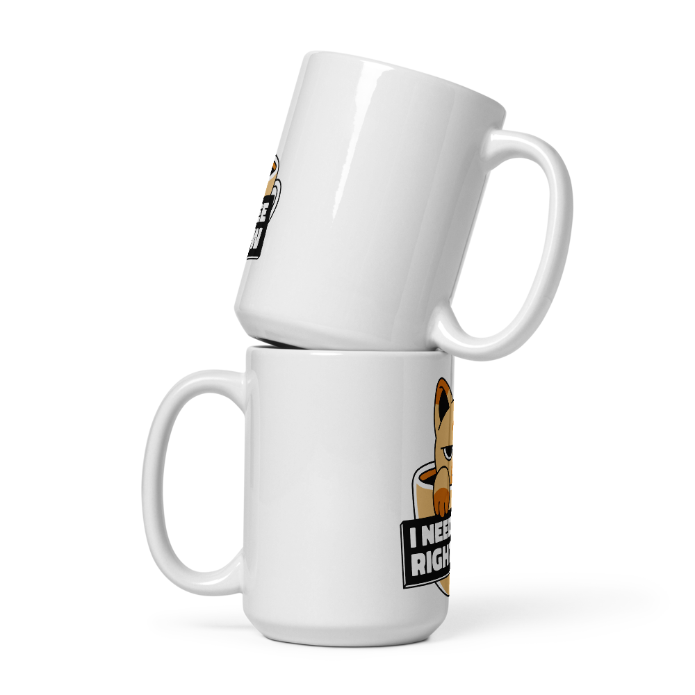 Funny Cat Coffee Mug – “I Need Coffee Right Meow” – Grumpy Cat White Glossy Mug – Cute Gift for Cat Lovers – 11oz/15oz/20oz
