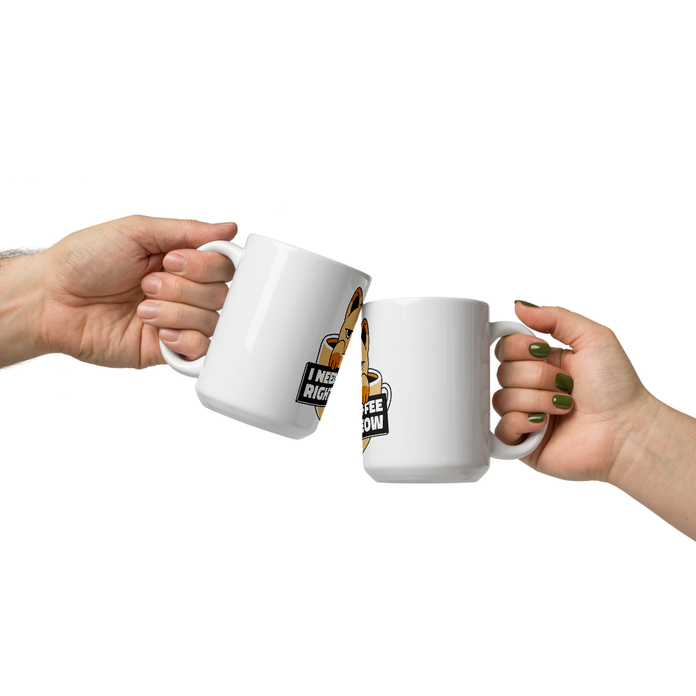 Funny Cat Coffee Mug – “I Need Coffee Right Meow” – Grumpy Cat White Glossy Mug – Cute Gift for Cat Lovers – 11oz/15oz/20oz