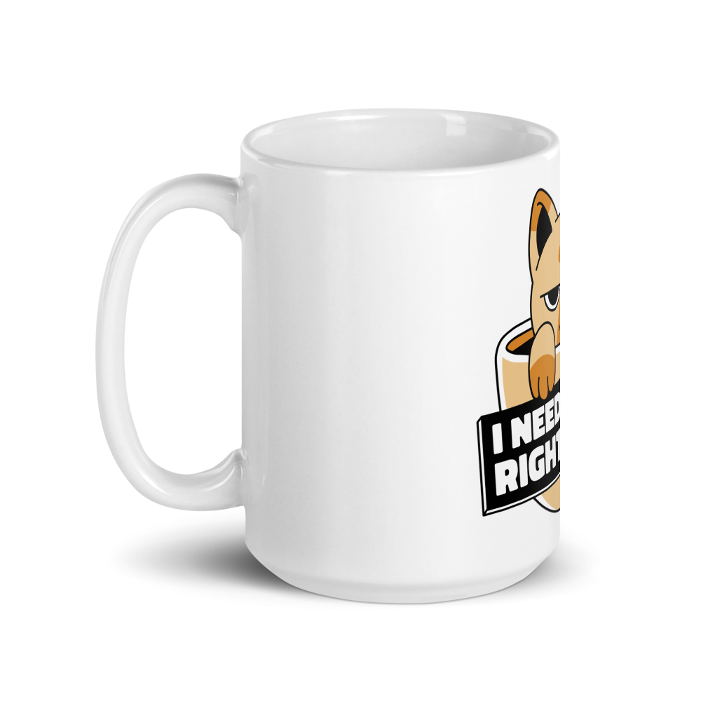 Funny Cat Coffee Mug – “I Need Coffee Right Meow” – Grumpy Cat White Glossy Mug – Cute Gift for Cat Lovers – 11oz/15oz/20oz