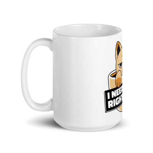Funny Cat Coffee Mug – “I Need Coffee Right Meow” – Grumpy Cat White Glossy Mug – Cute Gift for Cat Lovers – 11oz/15oz/20oz