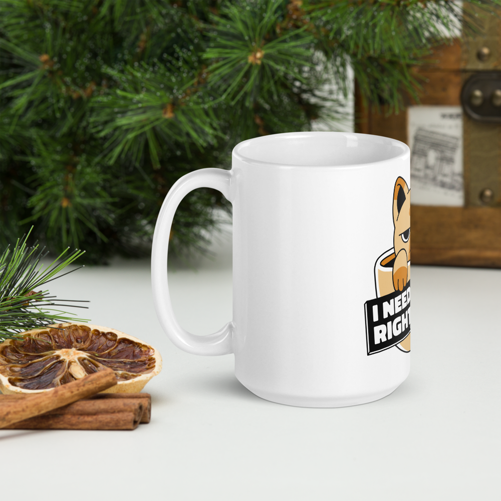 Funny Cat Coffee Mug – “I Need Coffee Right Meow” – Grumpy Cat White Glossy Mug – Cute Gift for Cat Lovers – 11oz/15oz/20oz