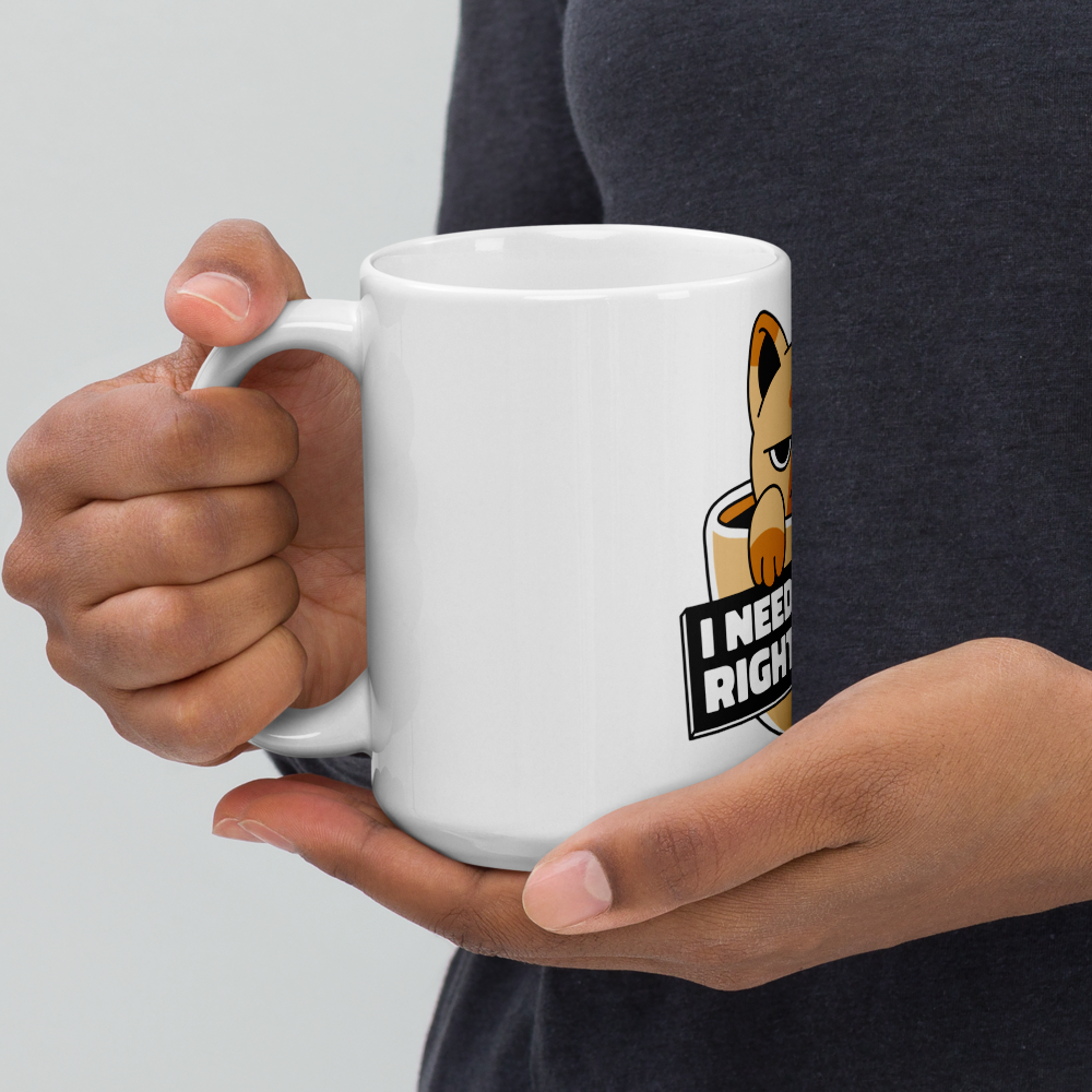Funny Cat Coffee Mug – “I Need Coffee Right Meow” – Grumpy Cat White Glossy Mug – Cute Gift for Cat Lovers – 11oz/15oz/20oz