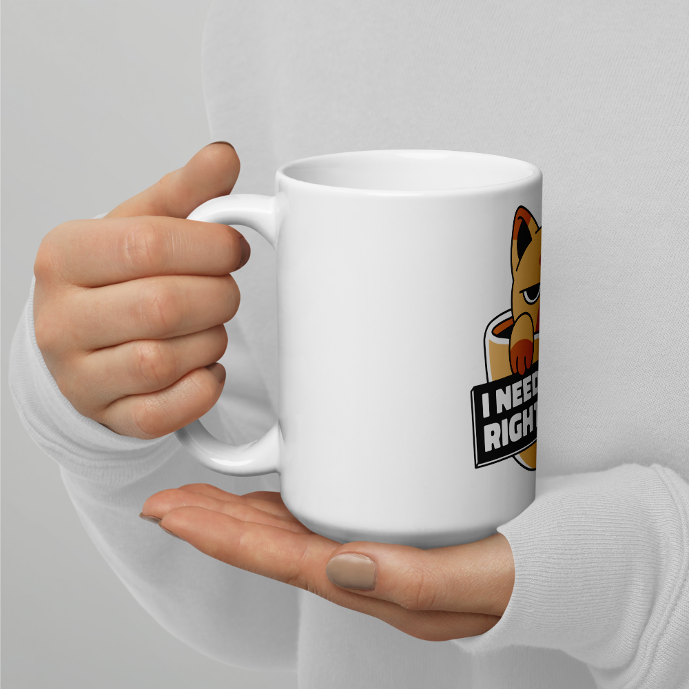 Funny Cat Coffee Mug – “I Need Coffee Right Meow” – Grumpy Cat White Glossy Mug – Cute Gift for Cat Lovers – 11oz/15oz/20oz