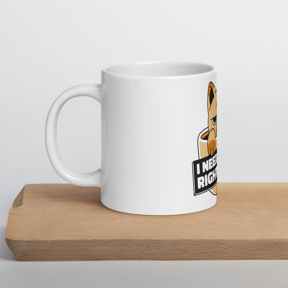 Funny Cat Coffee Mug – “I Need Coffee Right Meow” – Grumpy Cat White Glossy Mug – Cute Gift for Cat Lovers – 11oz/15oz/20oz