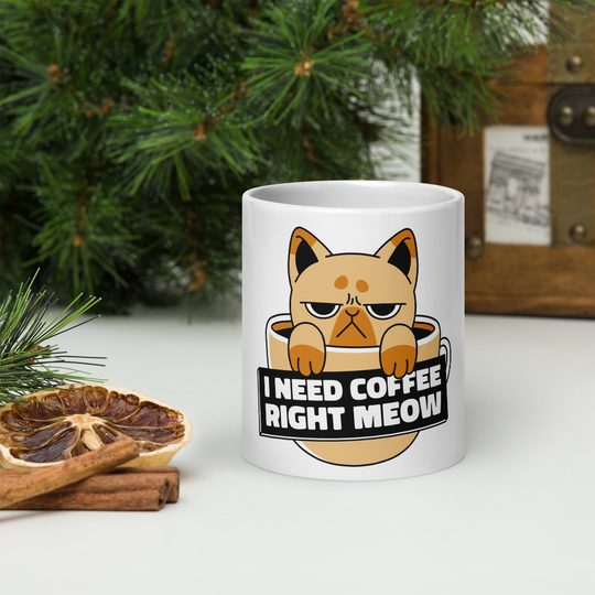 Funny Cat Coffee Mug – “I Need Coffee Right Meow” – Grumpy Cat White Glossy Mug – Cute Gift for Cat Lovers – 11oz/15oz/20oz