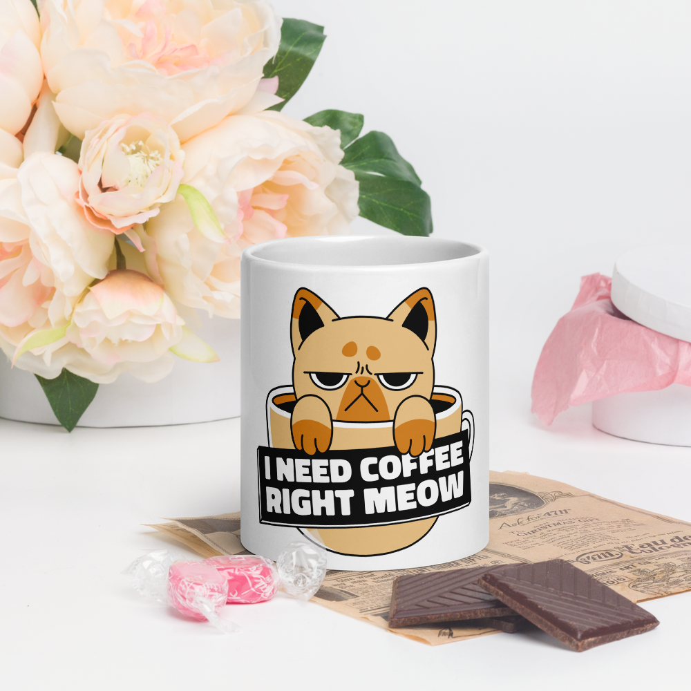 Funny Cat Coffee Mug – “I Need Coffee Right Meow” – Grumpy Cat White Glossy Mug – Cute Gift for Cat Lovers – 11oz/15oz/20oz