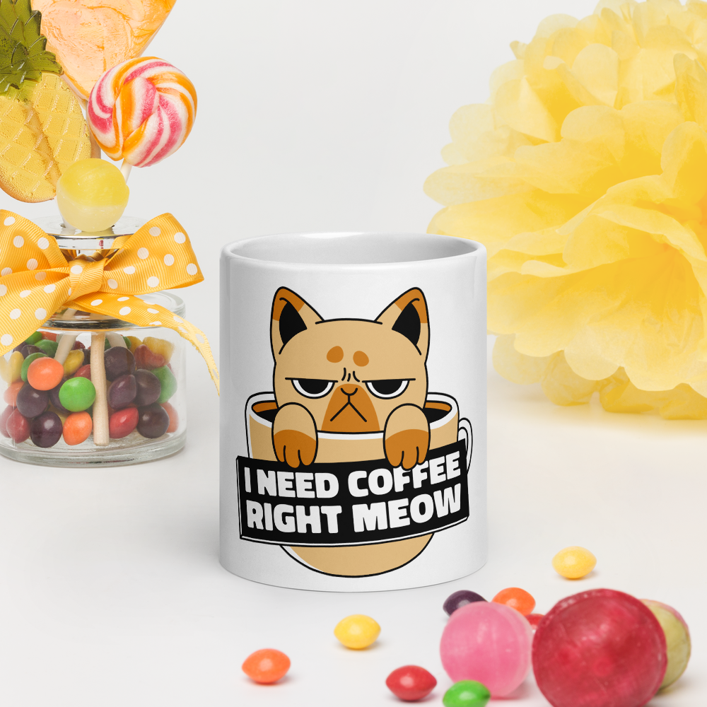 Funny Cat Coffee Mug – “I Need Coffee Right Meow” – Grumpy Cat White Glossy Mug – Cute Gift for Cat Lovers – 11oz/15oz/20oz