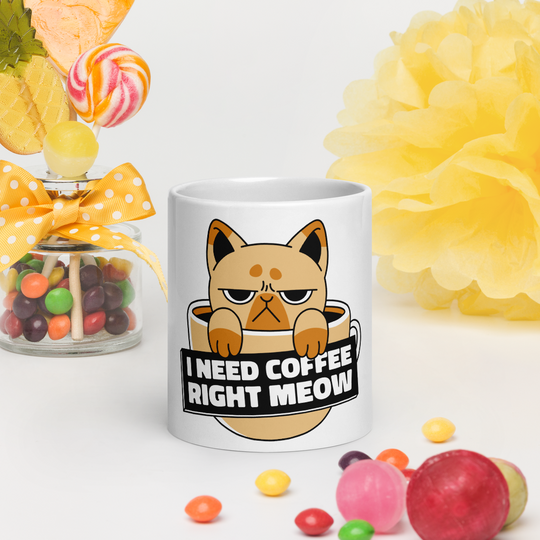 Funny Cat Coffee Mug – “I Need Coffee Right Meow” – Grumpy Cat White Glossy Mug – Cute Gift for Cat Lovers – 11oz/15oz/20oz