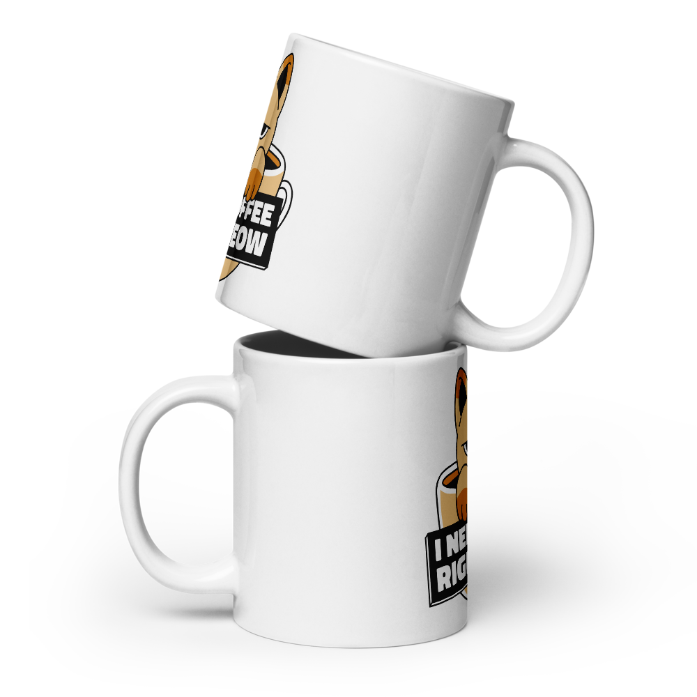 Funny Cat Coffee Mug – “I Need Coffee Right Meow” – Grumpy Cat White Glossy Mug – Cute Gift for Cat Lovers – 11oz/15oz/20oz