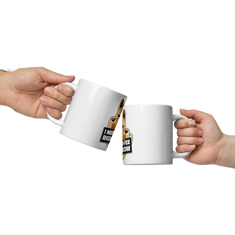 Funny Cat Coffee Mug – “I Need Coffee Right Meow” – Grumpy Cat White Glossy Mug – Cute Gift for Cat Lovers – 11oz/15oz/20oz