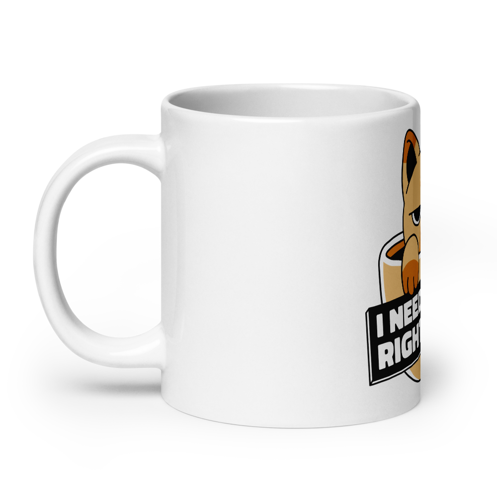 Funny Cat Coffee Mug – “I Need Coffee Right Meow” – Grumpy Cat White Glossy Mug – Cute Gift for Cat Lovers – 11oz/15oz/20oz